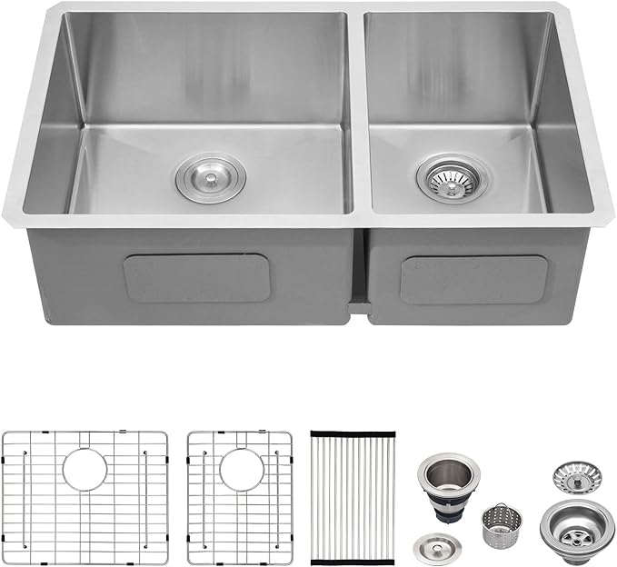 Logmey 33 Double Undermount Kitchen Sink - 33x19 Inch Bowl Kitchen Sinks 60/40 16 Gauge Stainless Steel 33x19x9 In