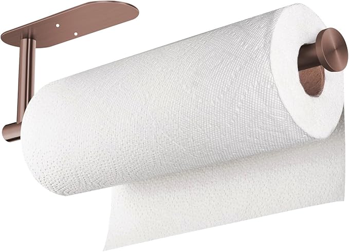 VAEHOLD Adhesive Paper Towel Holder Under Cabinet Wall Mount for Kitchen Paper Towel, Black Paper Towel Roll Holder Stick to Wall, Stainless Steel (Rose Gold)
