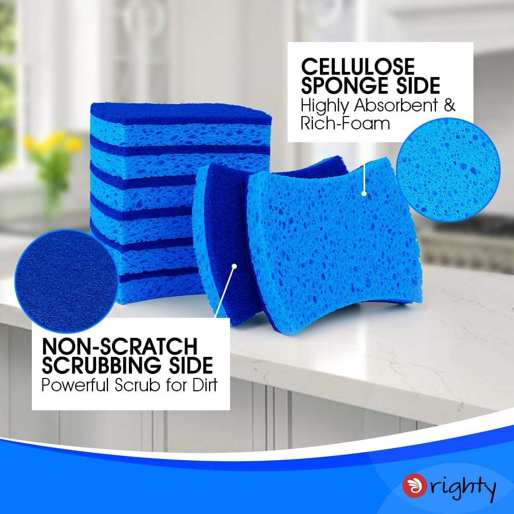 Orighty Non-Scratch Cellulose Scrub Sponges 24 Pack, Kitchen Sponges for Kitchen, Bathroom, and Household, Dual Side Sponge for Dishes, Non-Scratch Sponge Safe on Non-Stick Cookware, Car and More
