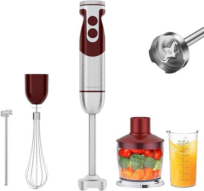 MegaWise 5-in-1 Immersion Hand Blender Set with Variable Speed, 400W, Stainless Steel - Includes Chopper, Whisk, Milk Frother, and Beaker - Ideal for Soups, Smoothies, Baby Food & More (RED)