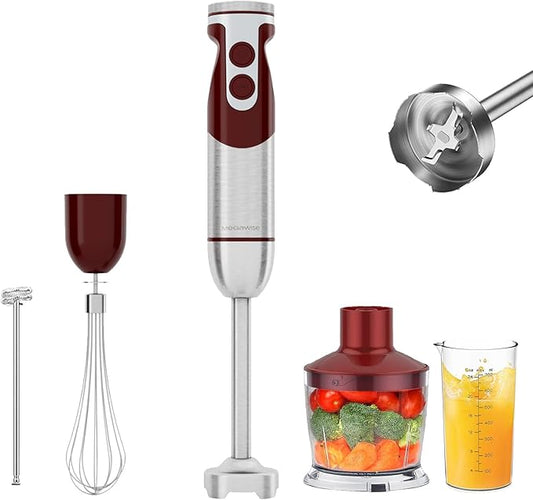 MegaWise 5-in-1 Immersion Hand Blender Set with Variable Speed, 400W, Stainless Steel - Includes Chopper, Whisk, Milk Frother, and Beaker - Ideal for Soups, Smoothies, Baby Food & More (RED)