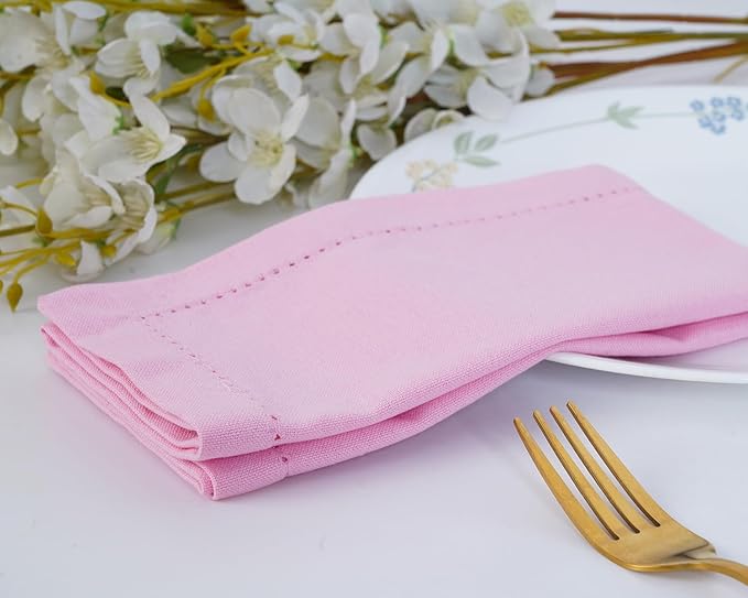 Blue Needles Set of 12 Hemstitch Linen Napkins 100% Cotton Blush Pink Cloth Dinner Napkins 18x18 inches, Soft, Reusable, Absorbent, Washable, Ideal for Fall Thanksgiving Events, Parties & Everyday Use