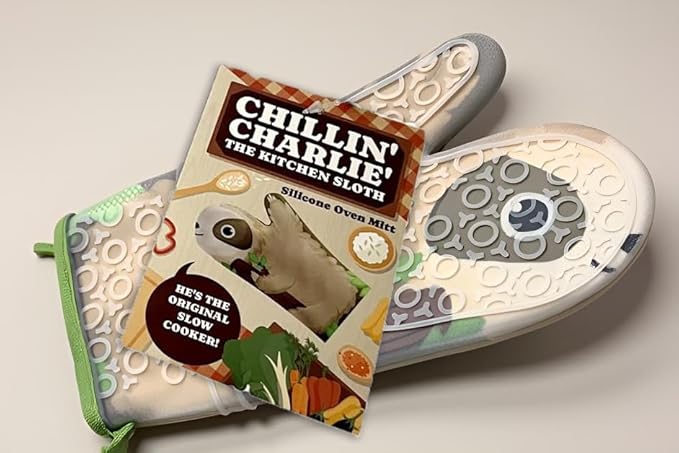 Sloth Oven Mitt Silicone Heat Resistant Glove - Chillin' Charlie Funny Animal Kitchen Accessories for Baking, Cooking & Gifts - Cute Sloth Kitchen Gadget with Fabric Lining