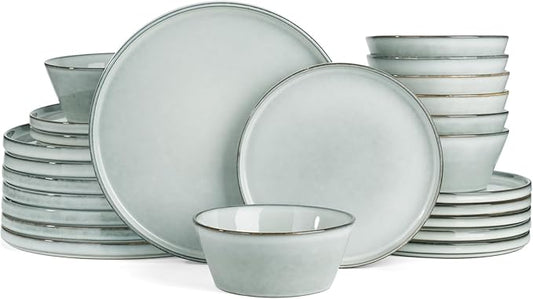 Famiware Plates and Bowls Sets, Annecy Stoneware Dinnerware Sets for 8, 24 Pieces Dish Set, Plate with Lip Edge, Reactive Glaze Tableware - Microwave & Dishwasher Safe, Grey-Blue