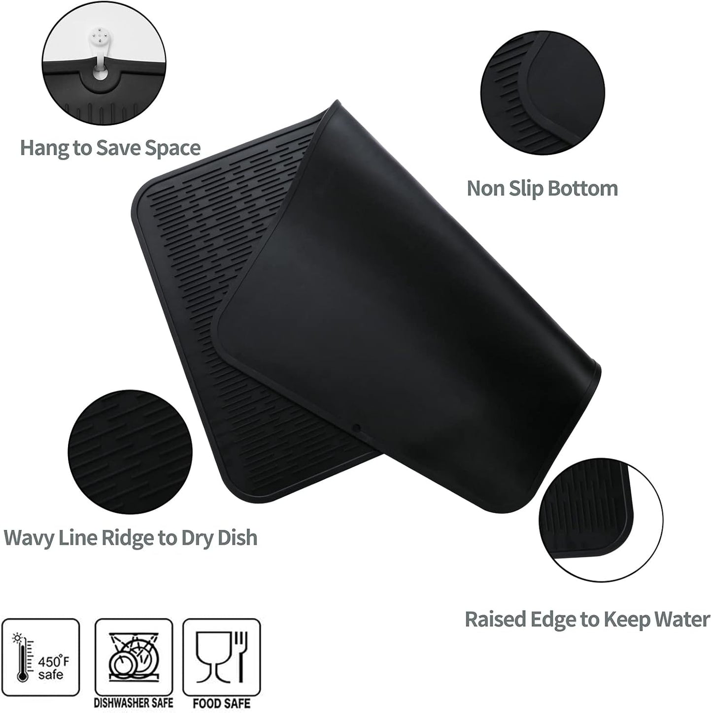 Silicone Dish Drying Mat for Multiple Usage,Easy clean,Eco-friendly,Heat-resistant Silicone Mat for Kitchen Counter or Sink,Refrigerator or Drawer Liner Black 4XL 32 inches x 18 inches