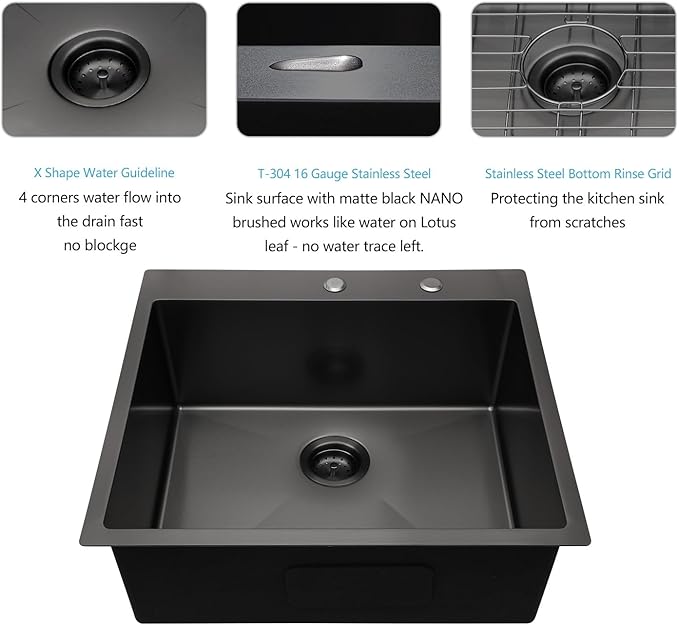 Lordear 25 Drop In Kitchen Sink 25 x 22 inch Gunmetal Black Drop Sink 16 Gauge Stainless Steel Single Bowl Topmount Over Counter Bar Prep Kitchen Sinks Basin