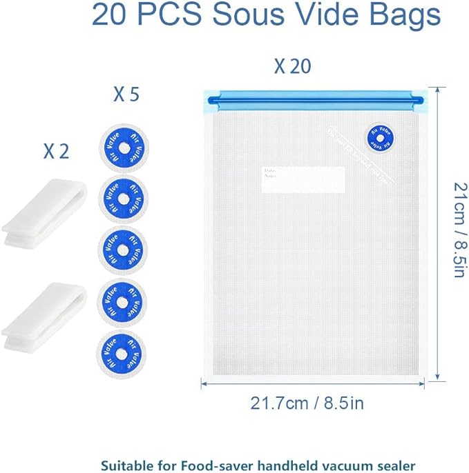 Sous Vide Bags Reusable 27Pcs, BPA Free Food Vacuum Sealer Bag, Food Storage Bag, Vacuum Zipper Bags for Sous Vide Cooking - 20Pcs Food Sealer Bag & 5 Air Valves & 2 Seal Clips (8.5X8.5 in) 1.4L