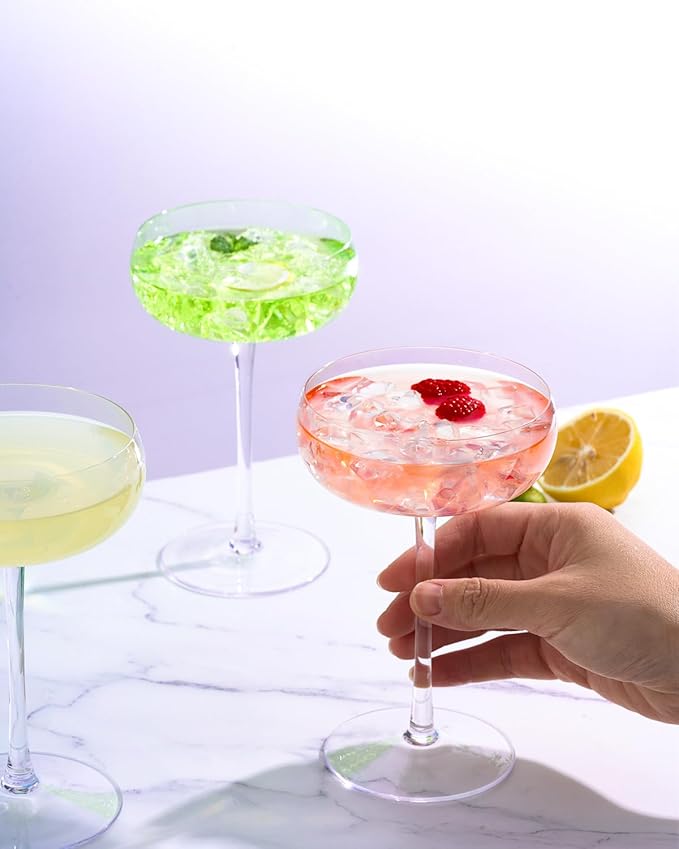 Handmade Coupe Glasses Set of 4 – 8.5oz Crystal Cocktail Glasses with Unique Convex Base, Elegant Coupe Glassware for Margarita, Martini, Champagne, Manhattan & Cocktails