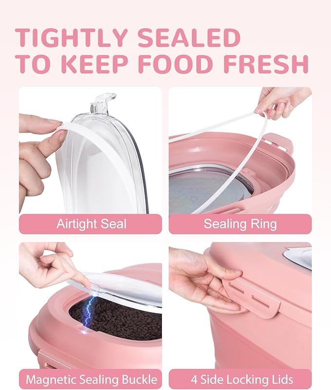 30-35 Lbs Dog Food Storage Container Collapsible Dog Food Container with Airtight Lids, Wheels, Scoop and 2pcs Food Storage Containers, Large Pet food storage for Dog, Cat (Pink)