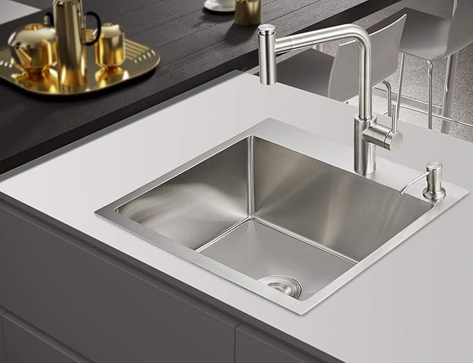 ROVOGO 21.7x17.7x8.7 in. Kitchen Sink Drop-in 304 Stainless Steel Single Bowl 2-Hole, Top Mount Handmade Bar Prep Sink, Brushed