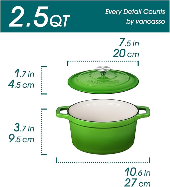 vancasso Enameled Cast Iron Dutch Oven, 2.5 QT Green Naturally Non-Stick Casserole Dish Cookware, with Stainless Steel Knob Lid Cast Iron Casserole for Steam Braise Bake Broil Saute Simmer Roast