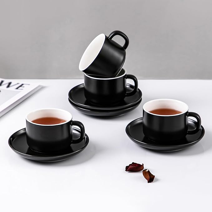 Black Tea Cups and Saucers Set of 4 Porcelain Tea Cups 6.76oz for Tea, Espresso, Latte - Porcelain Mugs for Kitchen or Cafe (black)