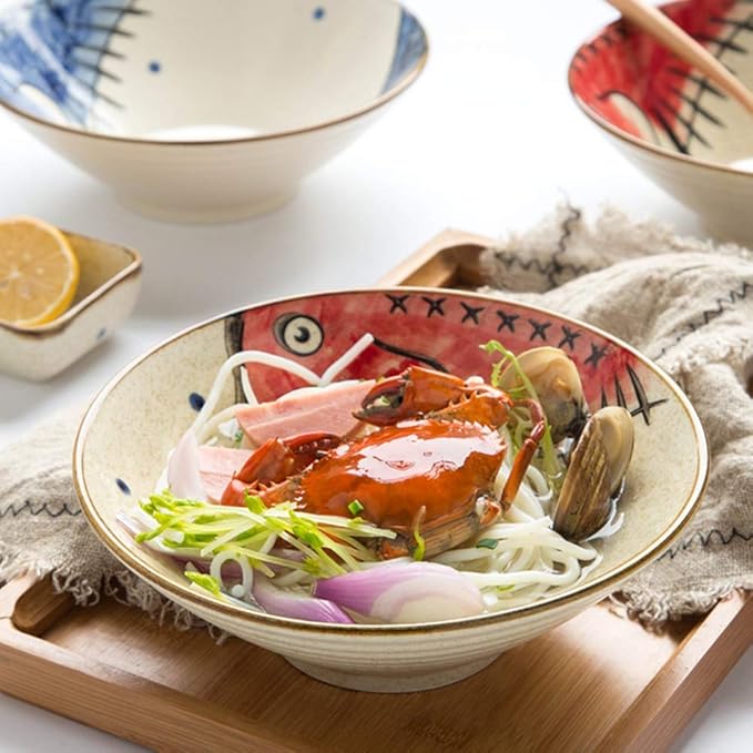 NJCHARMS Ceramic Japanese Ramen Noodle Soup Bowl, 2 Sets (6 Piece) 60 Ounce, with Matching Spoon and Chopsticks for Udon Soba Pho Asian Noodles, Red