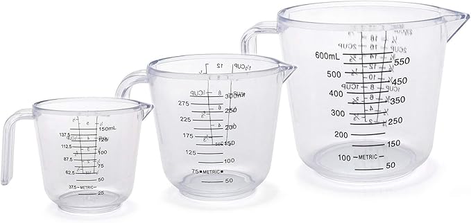 Plastic Measuring Cup Set, Kitchen Cooking and Baking Seasoning Liquid Measuring Cup, Multiple Scale Identification, with Handle and Triangle Mouth, 150ml, 300ml, 600ml, 3-piece Set (transparent)