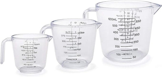 Plastic Measuring Cup Set, Kitchen Cooking and Baking Seasoning Liquid Measuring Cup, Multiple Scale Identification, with Handle and Triangle Mouth, 150ml, 300ml, 600ml, 3-piece Set (transparent)