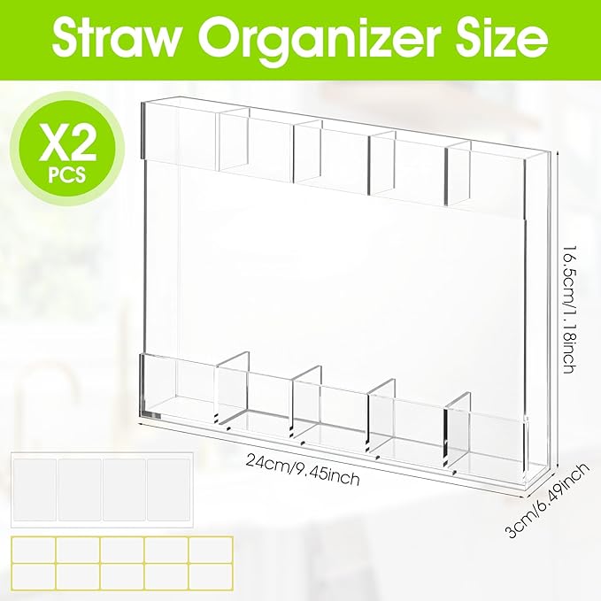 2 Pack Straw Holder for Cabinet, Acrylic Straw Organizer Cabinet Door Straw Holder with Double Sided Adhesive Tape and Stickers Straw Rack for Counter Cabinet Cupboard Kitchen (Clear)