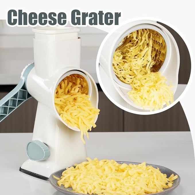 KEOUKE Rotary Cheese Grater Hand Crank White - Shredder Slicer Grinder 3 Stainless Steel Blades, Stable Suction, Labor-Saving Handle, Safe Kitchen Tool for Cheese, Vegetable, Nuts, Chocolate