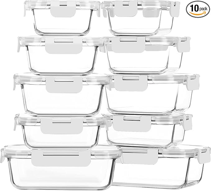 M MCIRCO 10-Pack Glass Food Storage Container with Lids, Airtight Lunch Bento Boxes, Glass Meal Prep Container,Microwave, Oven, Freezer and Dishwasher Friendly, White