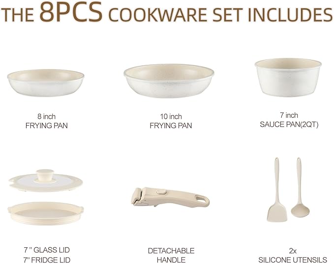 8Pcs Pots and Pans Set Nonstick Ceramic Cookware Set Removable Handle Induction Kitchen Cooking Set with Frying Pans and Sauce Pan, Cream White