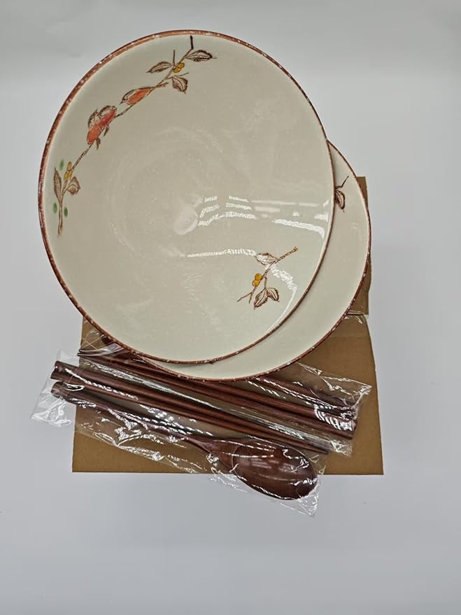 2 x 40 OZ ceramic ramen bowls, 8 IN large Japanese noodle soup bowl, match chopsticks and spoons, suitable for Pho, Udon Asian noodles (Flowers and birds 2 set)