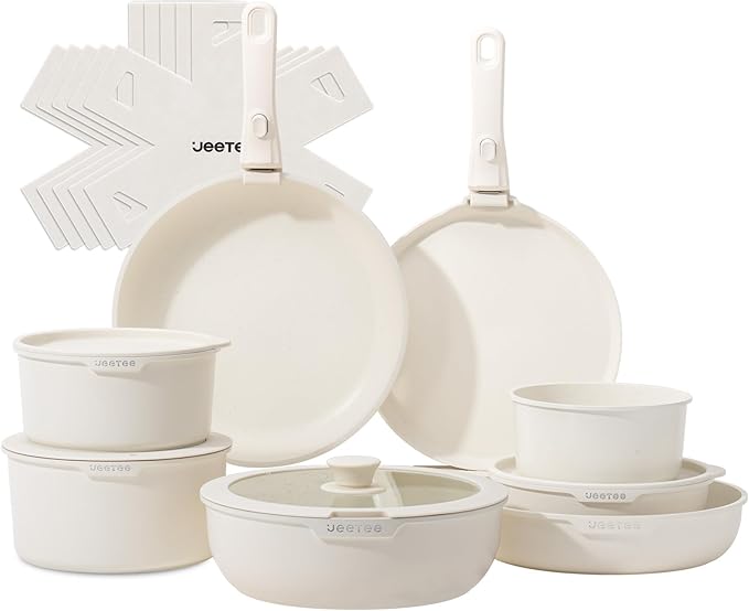 JEETEE Nonstick Pots and Pans Set with Removable/Detackable Handle (Beige, 19 pcs)