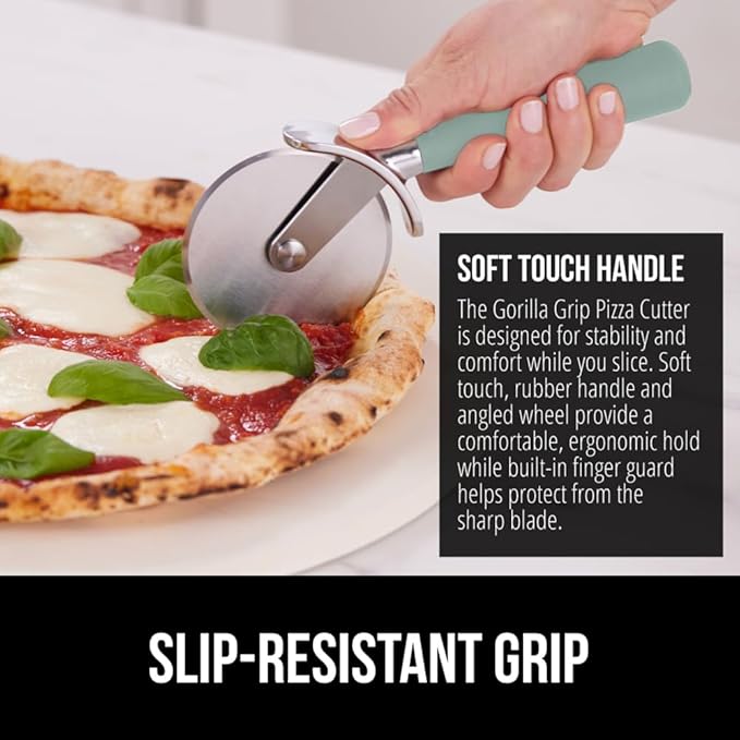 GORILLA GRIP BPA-Free Large Pizza Cutter Wheel, 9 Inch, Sharp Stainless Steel Blade, Slip Resistant Handle with Thumb Guard Protection, Slice Thick or Thin Pizzas, Pie, Pastries in Seconds, Mint