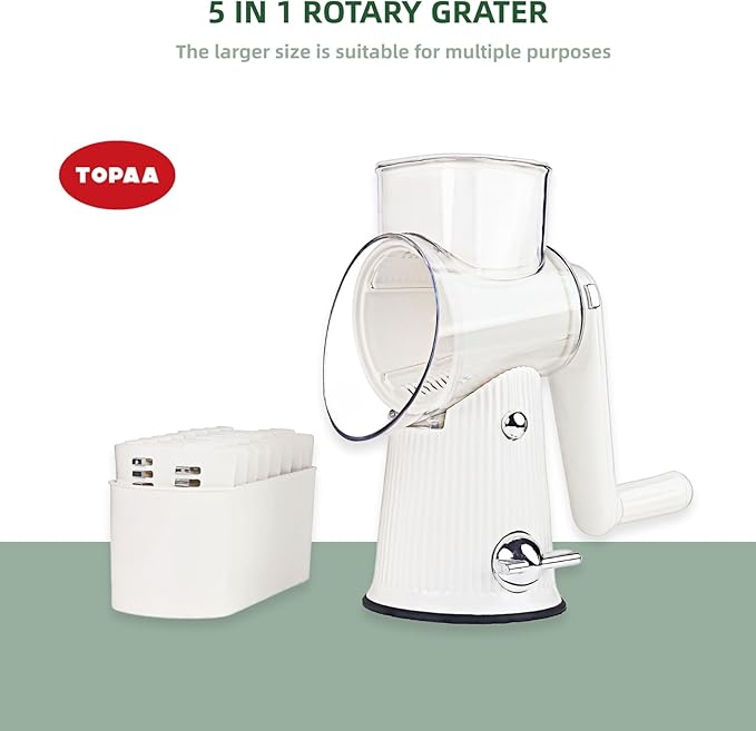 TOPAA Rotary Cheese Grater with Handle Vegetable Shredder with 5 Blades, Round Mando line Slicer and Food Chopper for Kitchen (White)