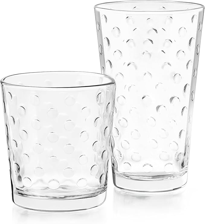 Libbey Awa Tumbler and Rock Glasses Drinking Set, Elegant Polka Dot Drinking Glasses Set of 16, All Purpose Glass Cups Set for Events and Everyday Use