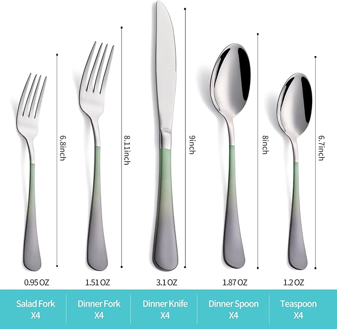 20-Piece Green and Gray Silverware Set for 4, 18/0 Stainless Steel Flatware Cutlery Utensils Set, Include Dinner Knives,Dinner Forks,Dinner Spoons,Salad Forks,Teaspoons,Dishwasher Safe