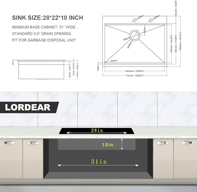 Lordear Kitchen Sink Drop In 28x22 Topmount 16 Gauge Stainless Steel Single Bowl Ledge Workstation Kitchen Sink Basin