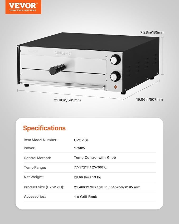 VEVOR Electric Pizza Oven, 16-inch Indoor Pizza Ovens, 572°F Max Temp, 1750W Commercial Pizzas Maker w/Timing & Temp Control, Countertops Pizza Cooker w/Pizza Rack, Crumb Tray, Diner and Home