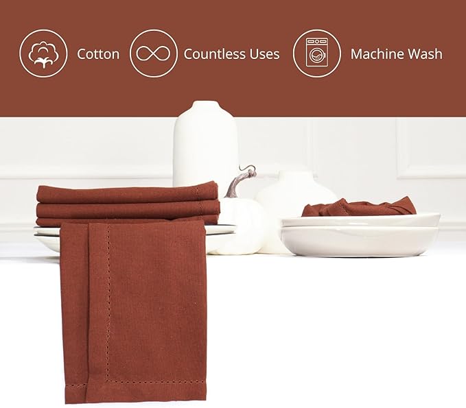 PurpleEssences Rust Set of 6 Hemstitch Cloth Dinner Napkins 100% Cotton - Soft Durable Washable - Ideal for Wedding Christmas Holiday Winter - Perfect Everyday Use Table Linen 18x18 - Rust
