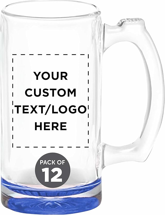 12 Libbey Beer Mugs Set, 12 oz. - Customizable Text, Logo - Groomsmen Glassware - Blue