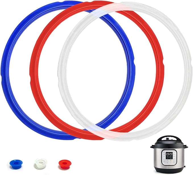 3 Pack Sealing Ring 8 Qt for Instant Pot Sealing Rings for 8Qt Insta Pot, With 3 Float Valve Caps, Food grade Silicone Instantpot 8Qt Sealing Ring, for Instant Pot 8 Qt, Red, Clear and Blue