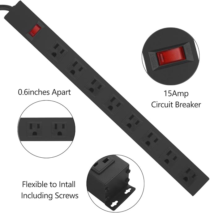 HHSOET Metal 8 Outlet Mountable Power Strip, Wall Mount Outlet Heavy Duty, Wide Spaced Commercial Shop Power Strip with Switch, 15A 125V 1875W, 6 FT SJT 14AWG Power Cord.(Black)