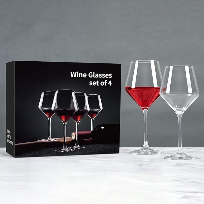 Hand-Blown Crystal Wine Glasses Set of 4, 16OZ, Long Stem Glasses for Red and White Wine, Christmas and Wedding Gifts (4)