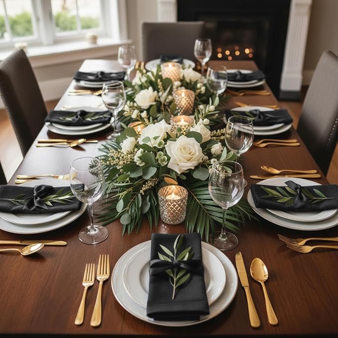 D'Moksha Homes Black Linen Napkins Set of 8 - Classic Hemstitch 100% Pure Linen Hemstitch Dinner Napkins 20 x 20 Inch for Fall, Thanksgiving, Holiday - Handcrafted and Machine Washable