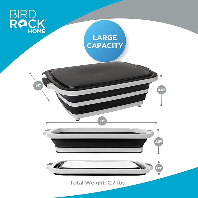 BIRDROCK HOME 2-pack Collapsible BBQ Prep Tub w/Cutting Board, Multi-Function Grill Caddy w/Colander & Lid, Portable Silicone Dish Bowl for Picnic, Tailgate, Camping (Black, Large)