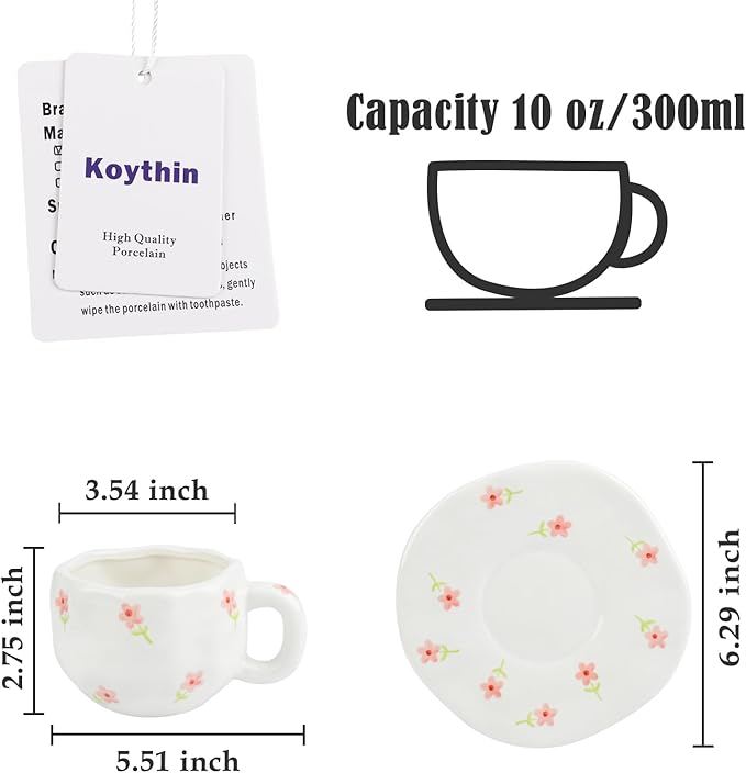 Koythin Ceramic Coffee Mug with Saucer Set, Cute Pink Small Flower Cup Unique for Office and Home, 10 oz/300 ml for Latte Tea Milk