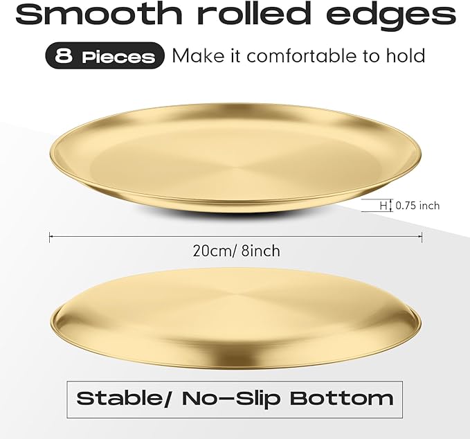 Thenshop 8 Pieces 8 Inch Pizza Pans Bulk Stainless Steel Sets Round Bakeware Pizza Trays for Oven Kitchen Baking Home Restaurant Safe Sturdy Reusable Easy Clean(Gold)