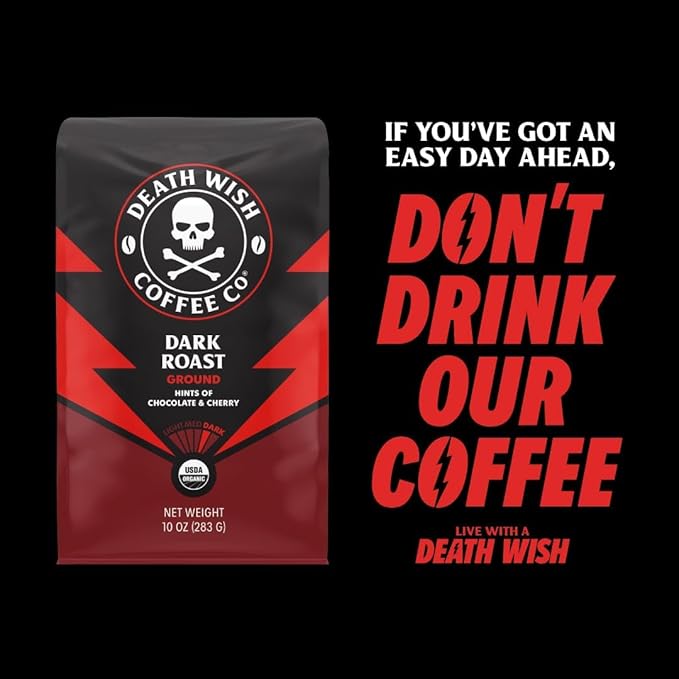 Death Wish Coffee Dark Roast Grounds - Bold Intense Blend of Arabica & Robusta Beans - USDA Organic Ground Coffee - 80 oz.