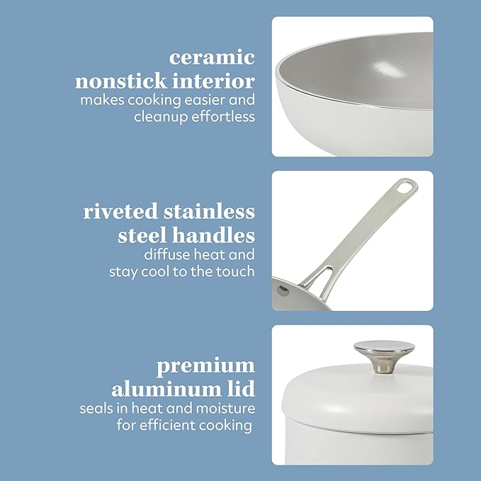 Sur La Table Kitchen Essentials Potluck Porch 10 Piece PFA Free Ceramic Non stick Interior Forged Aluminum Cookware Pots and Pans Set W/Aluminum Lids - Linen White - Induction Compatible