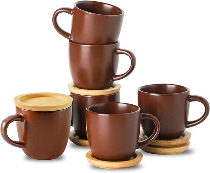 Hasense Stackable Porcelain Mini Espresso Cups and Saucers Set of 6, 4 OZ Ceramic Small Demitasse Espresso Shots Cups with Lids for Nespresso Lungo, Latte, Cafe Mocha and Tea, Brown