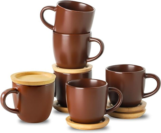 Hasense Stackable Porcelain Mini Espresso Cups and Saucers Set of 6, 4 OZ Ceramic Small Demitasse Espresso Shots Cups with Lids for Nespresso Lungo, Latte, Cafe Mocha and Tea, Brown