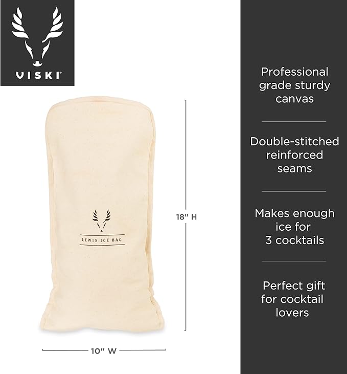 Viski Bartender’s Lewis Ice Bag - Extra Large Professional Grade Canvas Ice Crushing Bag with Reinforced Seams for Chilled Cocktails - 10″ x 18″ Set of 1 Natural