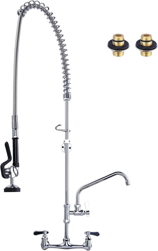 47" Height Commercial Kitchen Sink Faucet with Pre-Rinse Sprayer, 8 Inch Wall Mount Center Sink Faucet with Pull Down Spray Unit, Compartment Sink Faucet with 10" Swivel Spout for Restaurant