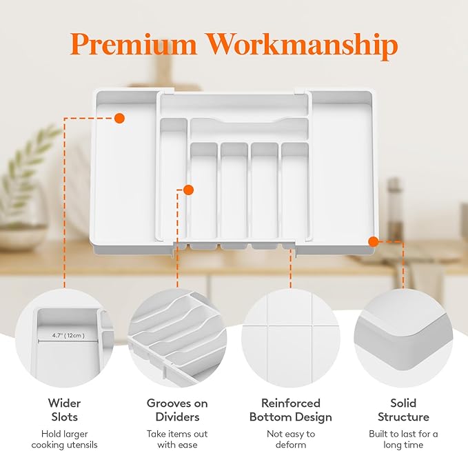 Lifewit Silverware Drawer Organizer, Expandable Utensil Organizer for Kitchen Drawers, Adjustable Cutlery and Flatware Tray, Plastic Spoons Forks Knives Holder Storage Dividers, Large, White