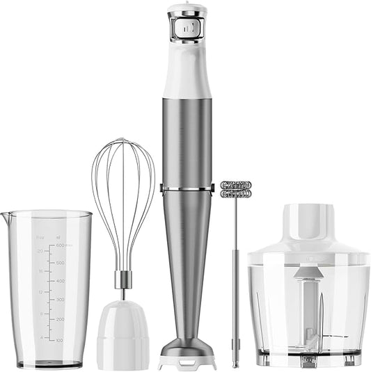 Immersion Blender Handheld Corded Hand Blenders Set 1100W, Trigger Variable Speed 5 in 1 Stick Emulsifier with Chopper, Whisk and Frother for Soup, Baby Food and Smoothies, White