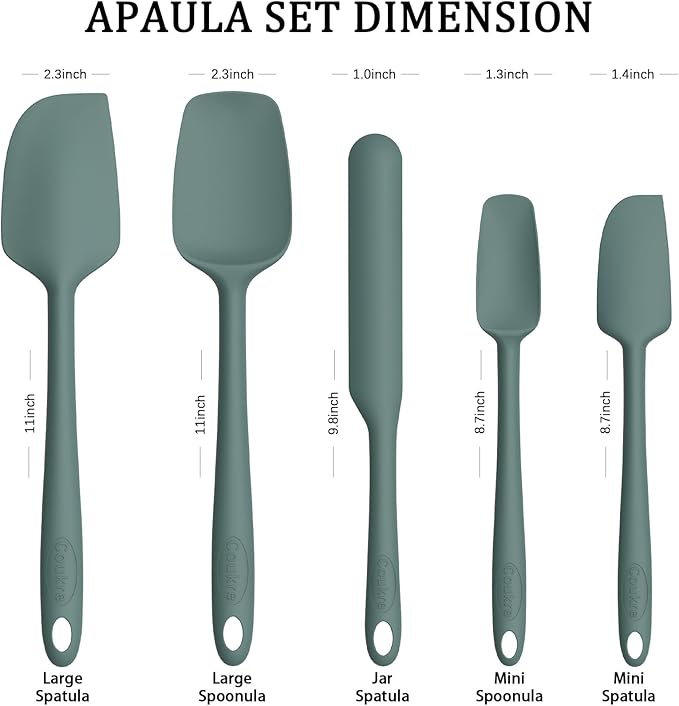 Coukre Silicone Spatula Set of 5,High Heat Resistant, Food Grade Silicone, Upgraded Extended Reinforced Handle,Dishwasher Safe, for Baking, Cooking (Pure Dark Green, Solid color)