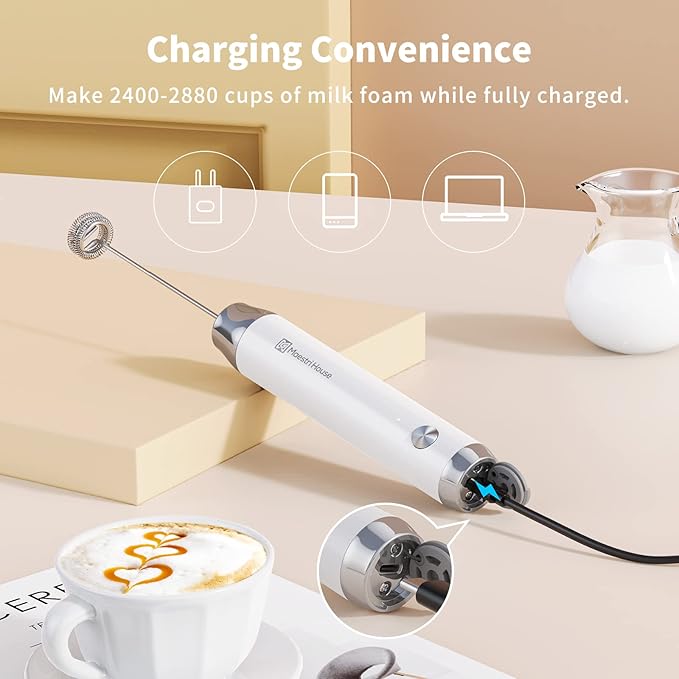 Maestri House Rechargeable Milk Frother with Stand, LunaFro Handheld Electric Foam Maker Waterproof Detachable Stainless Steel Whisk Drink Mixer Foamer for Lattes, Cappuccino